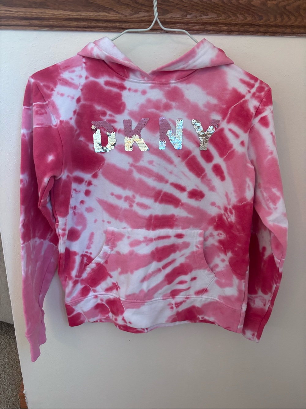 DKNY Girls Pink Tie Dye Sequin Logo Hoodie Sweatshirt Size M 8/10 EUC